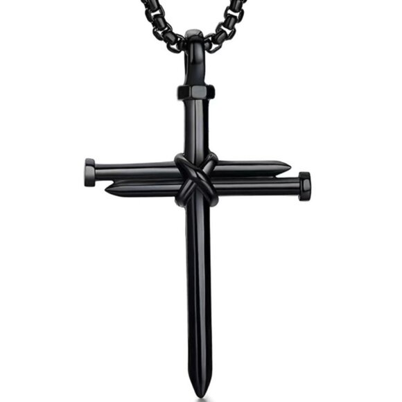 Cross 3 Nail Necklace Statement Piece Pendant Chain and Gift Pouch Black - Picture 1 of 15
